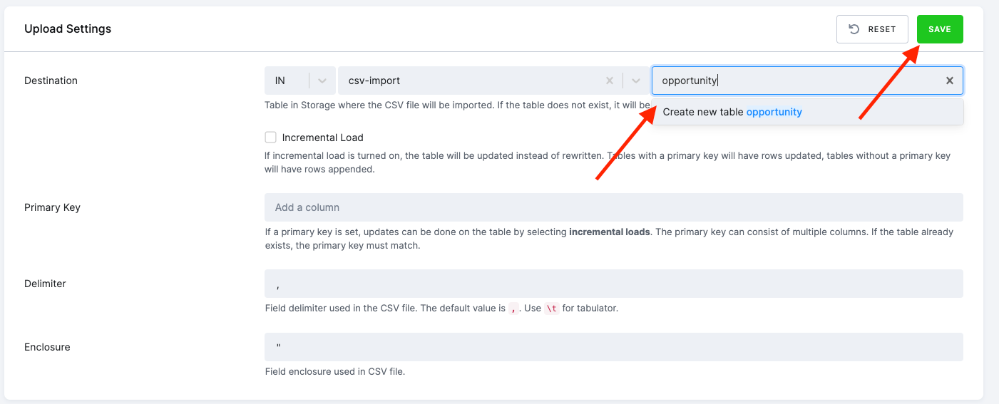 Screenshot - Table path and header settings